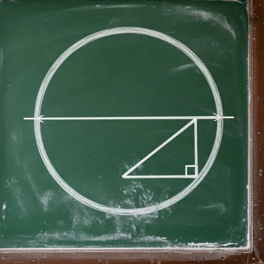A chalkboard drawing of a circle with its diameter and an inscribed right-angled triangle