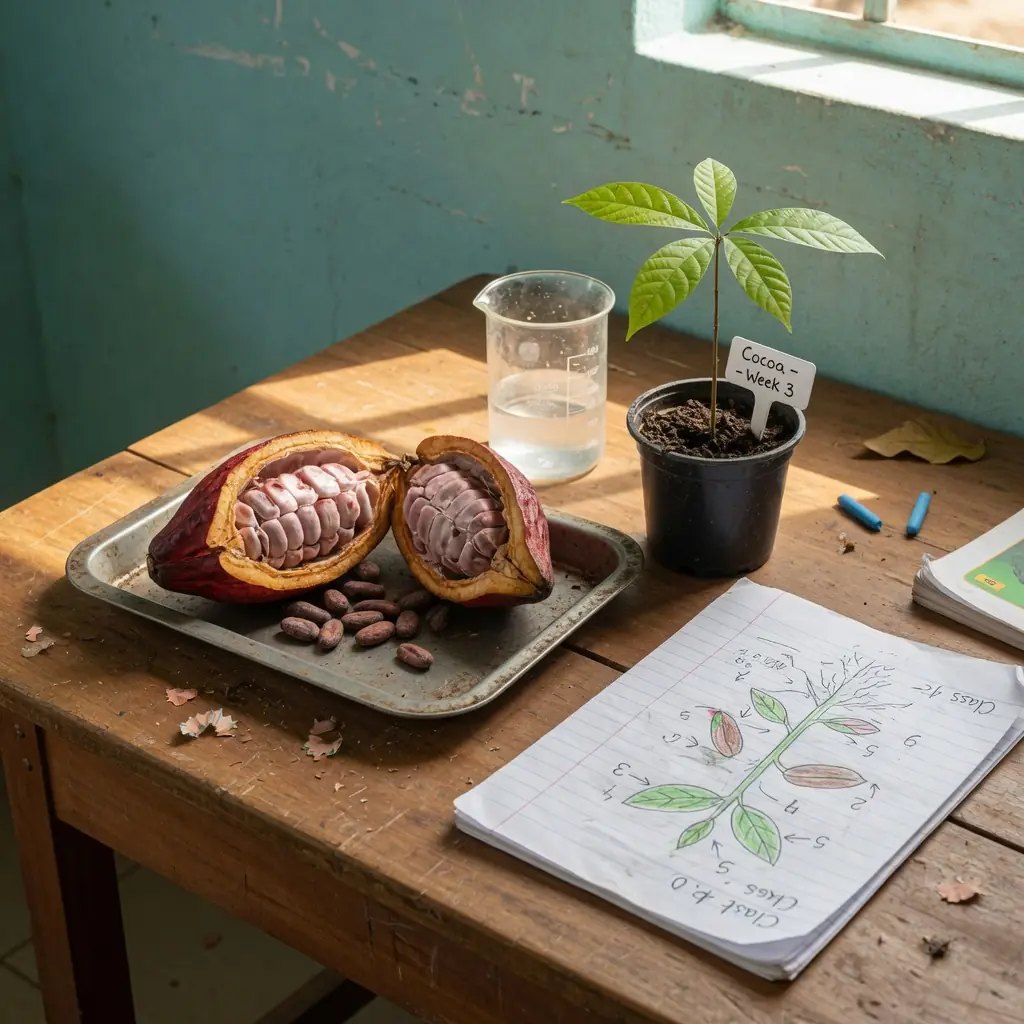 A cocoa pod cut open beside a seedling labelled Cocoa Week 3 and a pupil's drawing