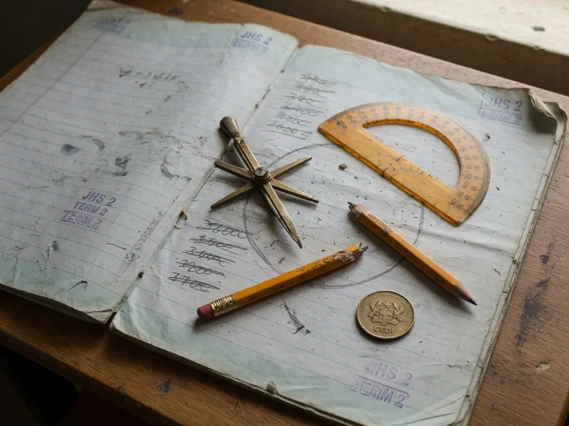 A JHS 2 exercise book with a compass, protractor, pencils and a one cedi coin