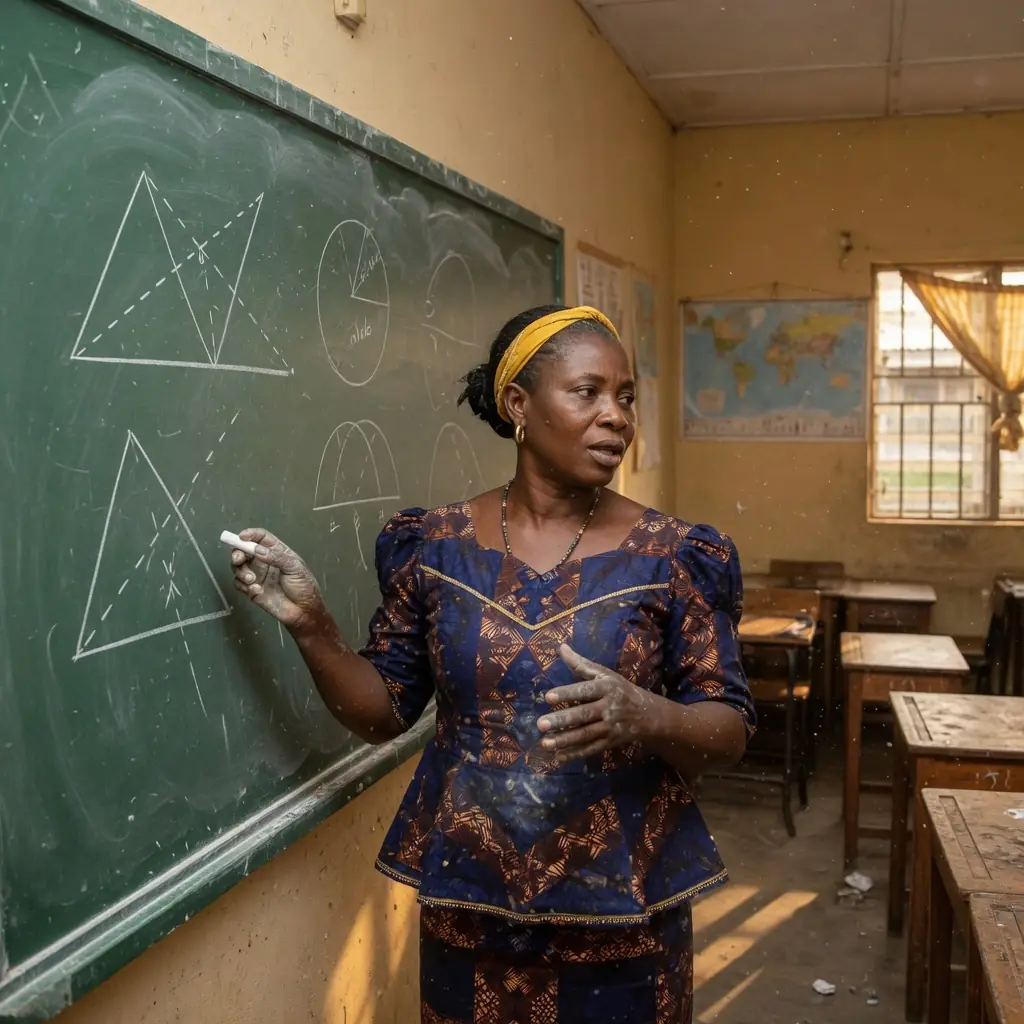 A Ghanaian teacher at the chalkboard, explaining triangles to her class